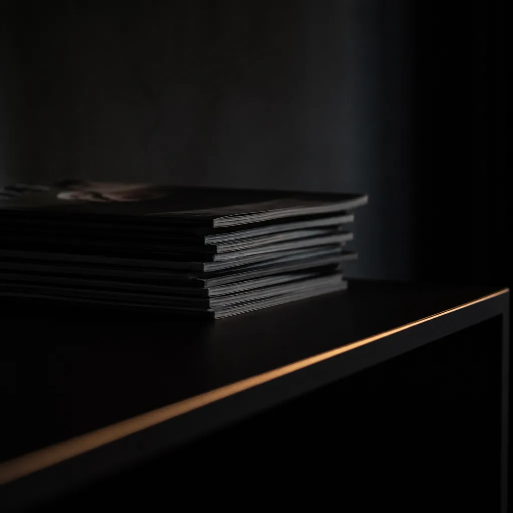 Pila de revistas oscuras cerradas sobre una mesa negra / Stack of dark closed magazines on a black table