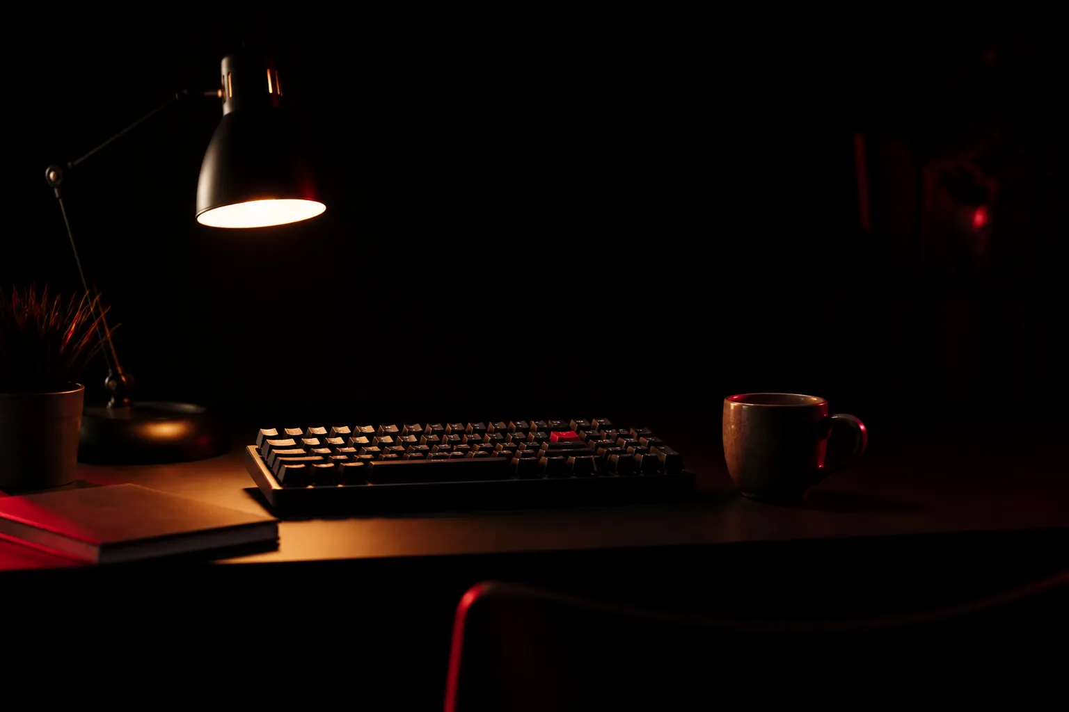 Escritorio nocturno de un periodista gamer con teclado mecánico y luz roja / Night desk of a gaming journalist with mechanical keyboard and red light
