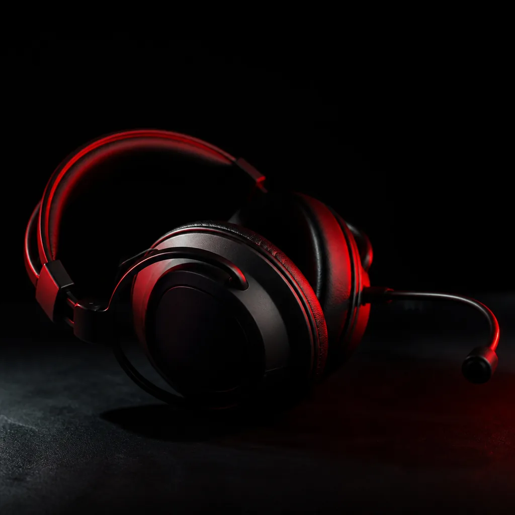Auriculares gamer con luz roja de contorno sobre superficie oscura / Gaming headset rim-lit in red on a dark surface