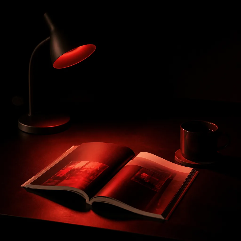 Escritorio noir con una revista abierta y una taza bajo luz roja tenue / Noir desk with an open magazine and a mug under dim red light