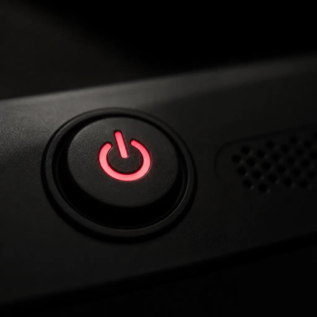 Botón de encendido rojo brillante sobre hardware negro mate / Glowing red power button on matte black hardware