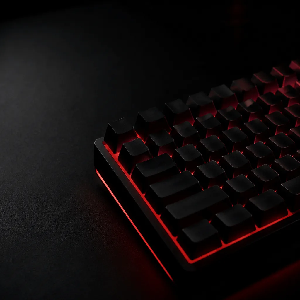 Teclado mecánico con luz roja de contorno sobre fondo negro / Mechanical keyboard rim-lit in red on black